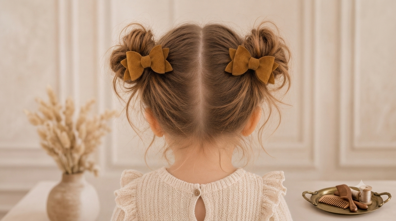 toddler with brown velvet bows in her hair