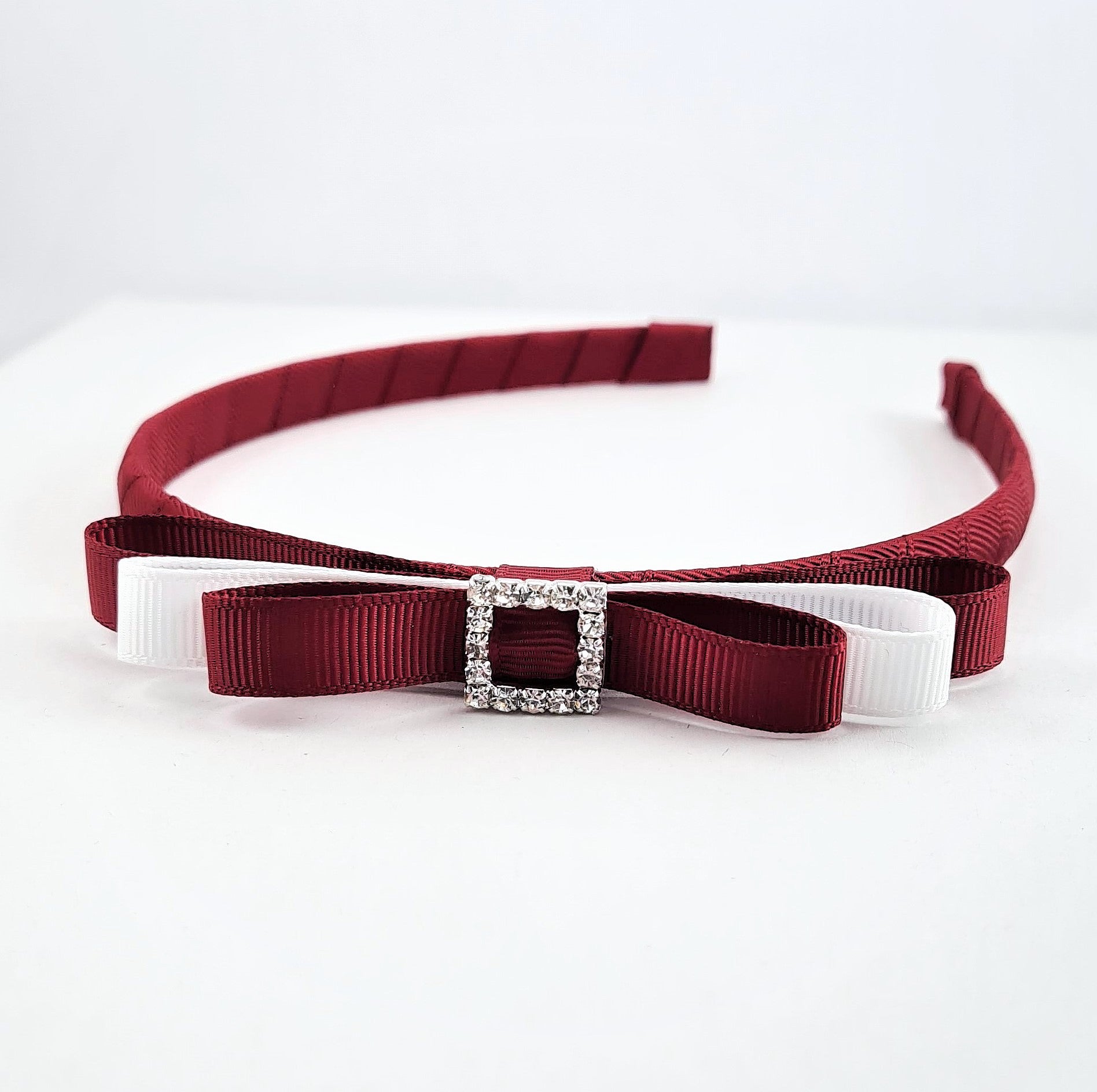 School Headband - Rhinestone Buckle - Burgundy & White