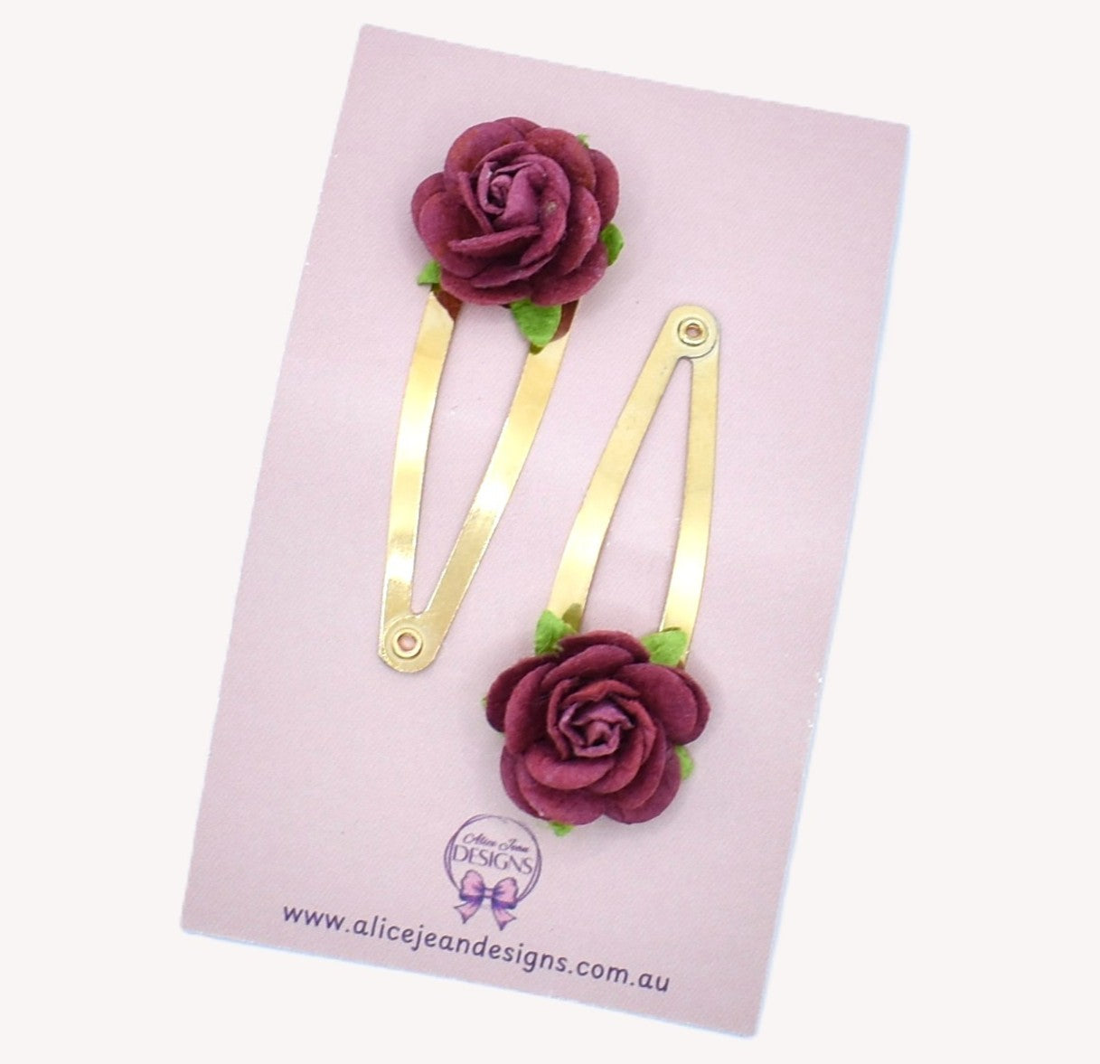 Rose gold snap clps with burgundy flowers
