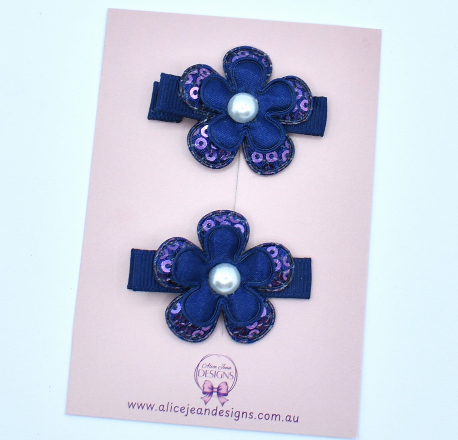 Flower Hair Clips - Navy Blue Sequin