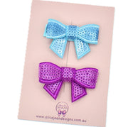 Piggytail Hair Clips - sequin bows - blue and purple