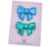 Piggytail Hair Clips - sequin bows - turquoise and teal