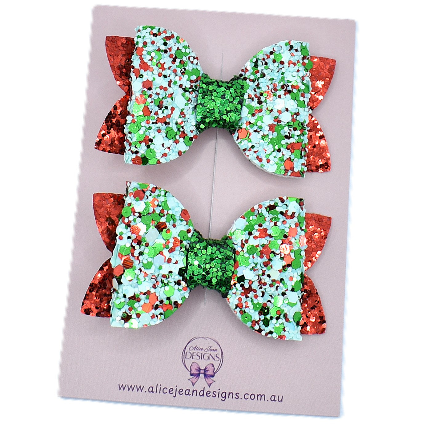 Glitter piggytail bow set - Christmas red & green