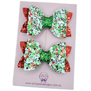 Glitter piggytail bow set - Christmas red & green