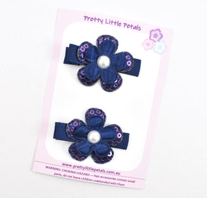 Flower Hair Clips - Navy Blue Sequin