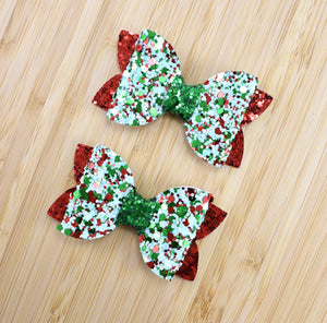 Glitter piggytail bow set - Christmas red & green