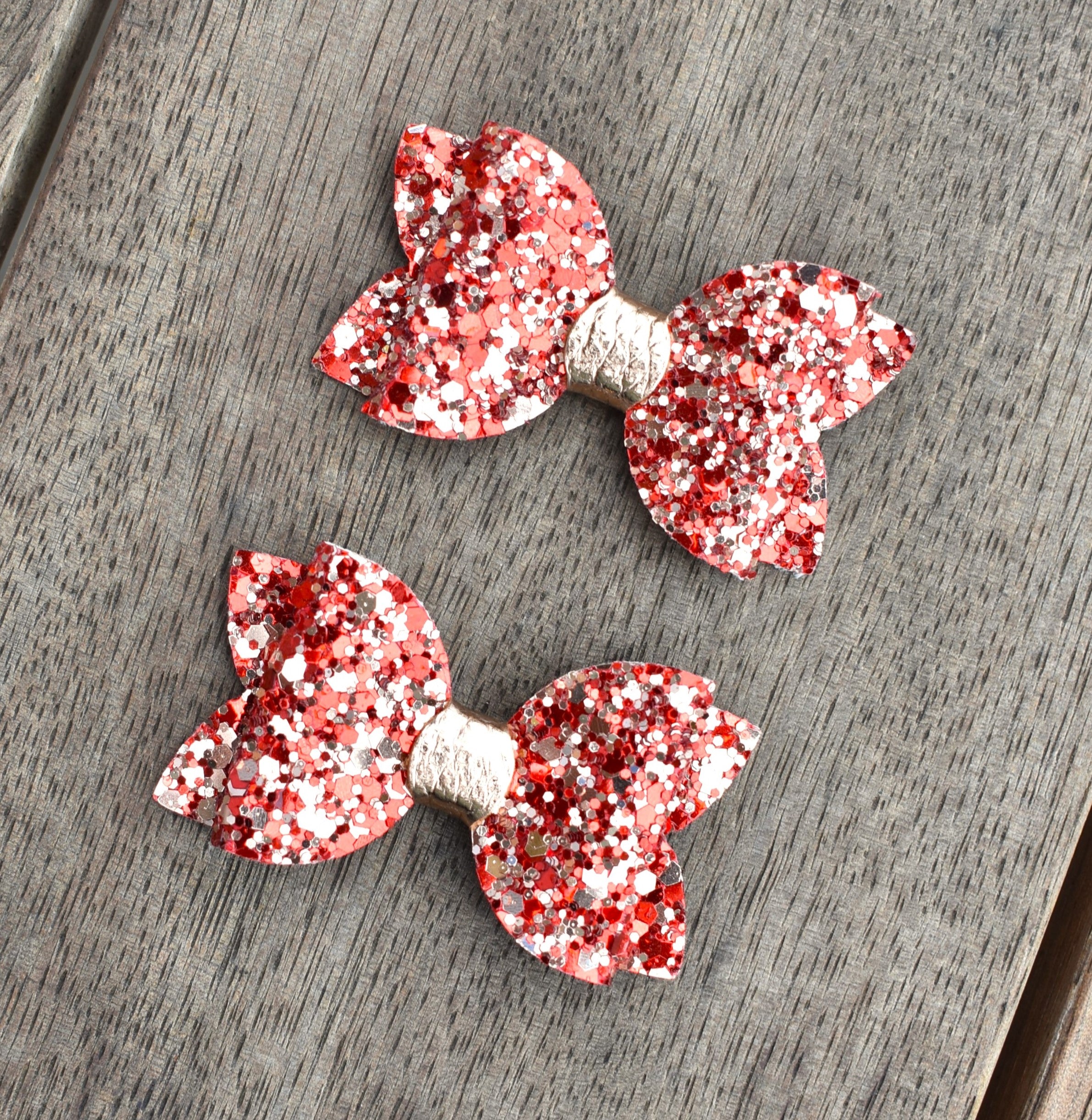 Glitter piggytail bow set - Christmas red & rose gold