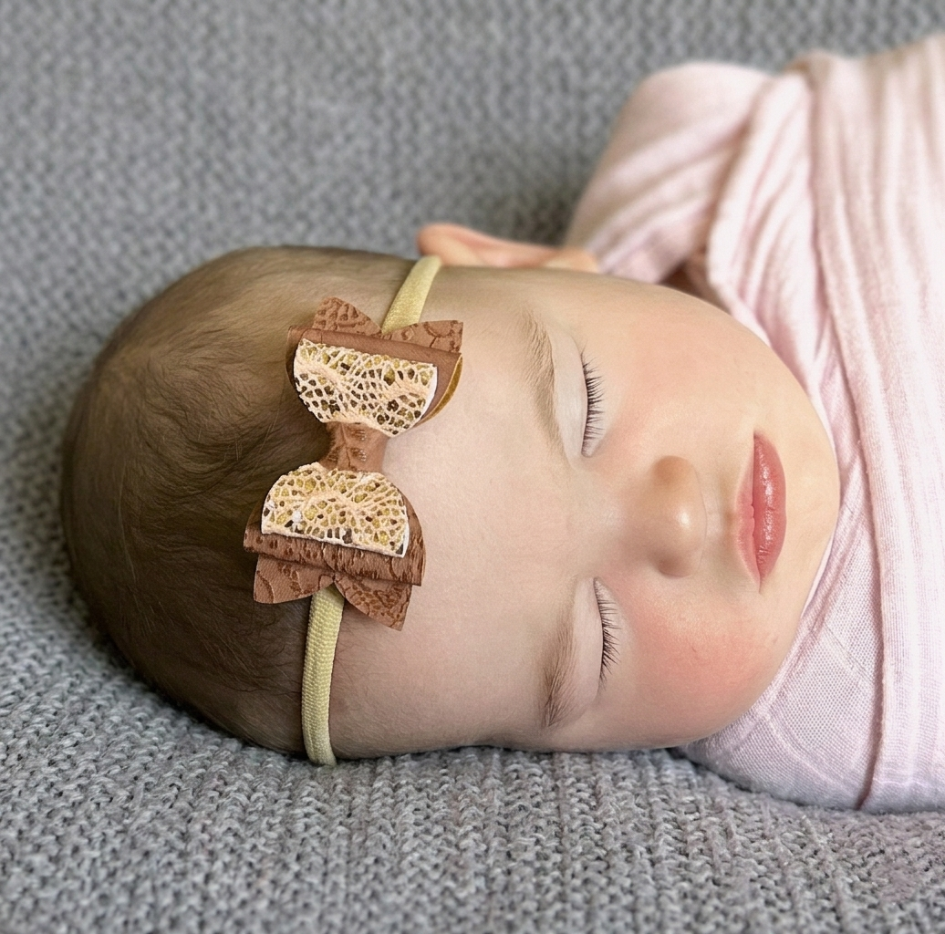 Newborn baby wearing a brown leather bow headband, laying on a grey blanket.