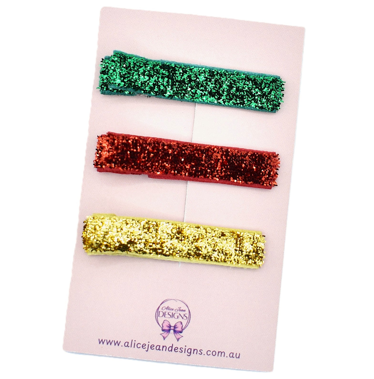 Set of three glitter hair clips, in green, red and gold for Christmas