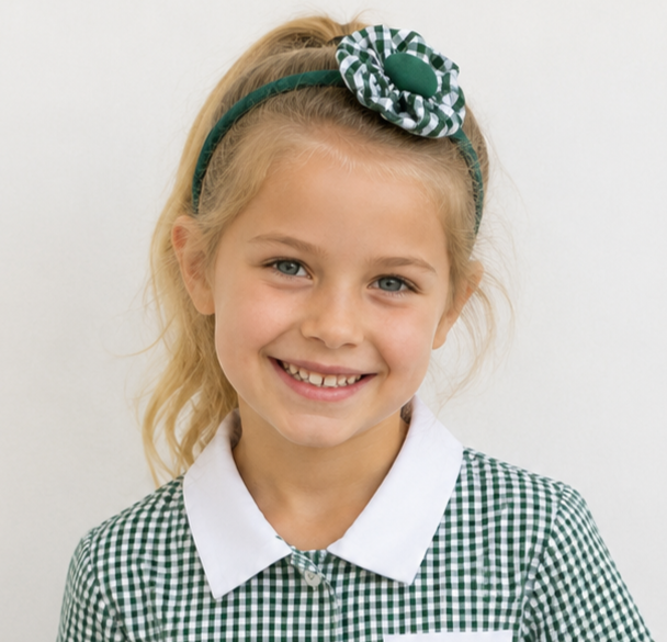 Young girl wearing a green and white checkered school dress with a matching headband on a light background