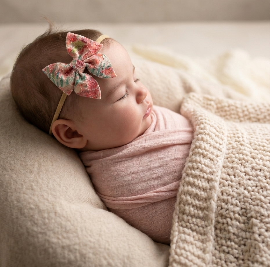 Sleeping newborn baby wrapped in pink blanket with bow headband 