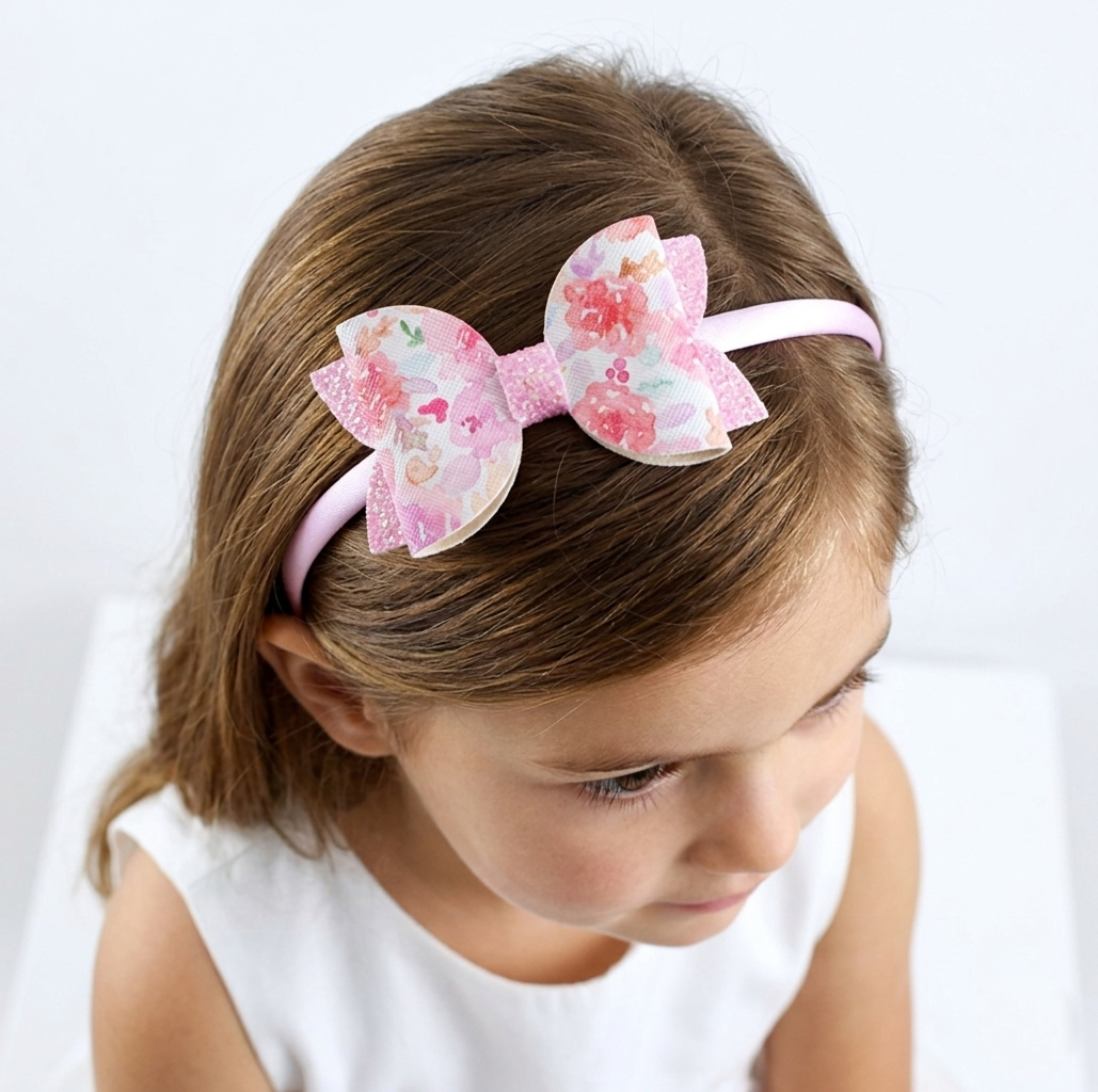 Glitter Bow Headband - pink floral