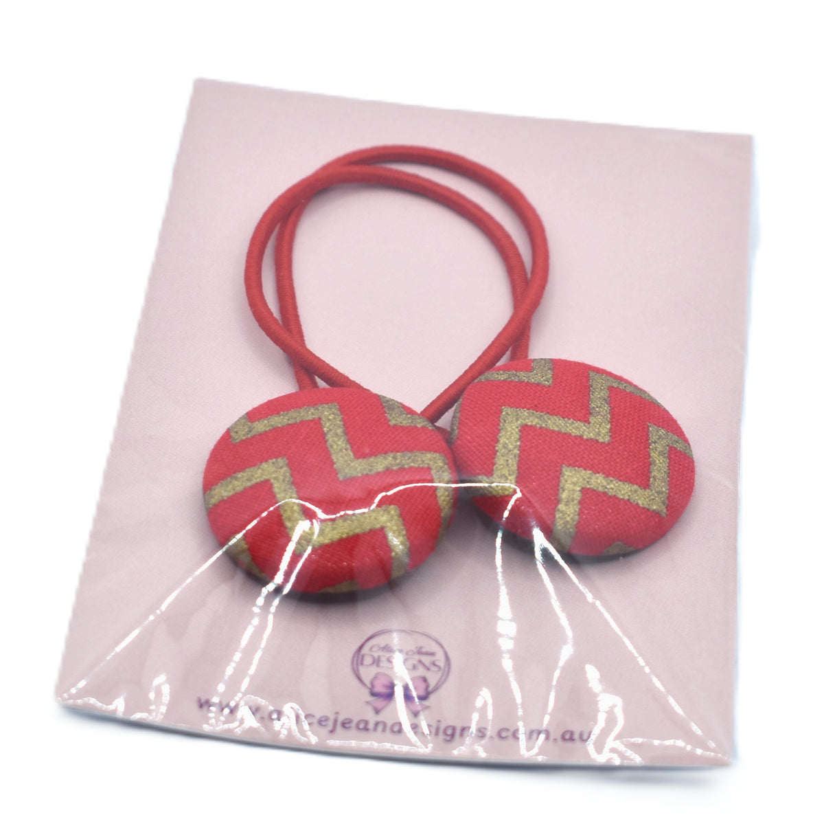 Red and gold zigzag patterned button hair ties 