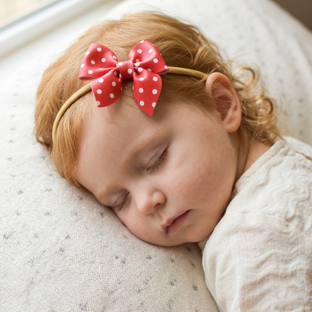 Child sleeping with a red polka dot sailor bow headband, laying on a soft surface