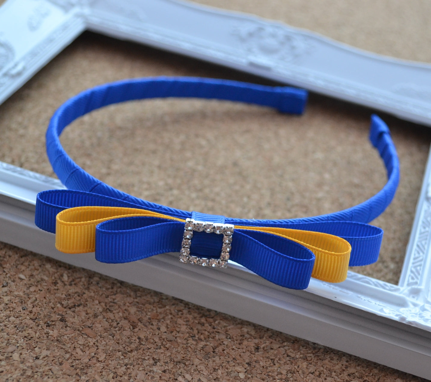 School Headband - Rhinestone Buckle - Royal Blue & Yellow Gold