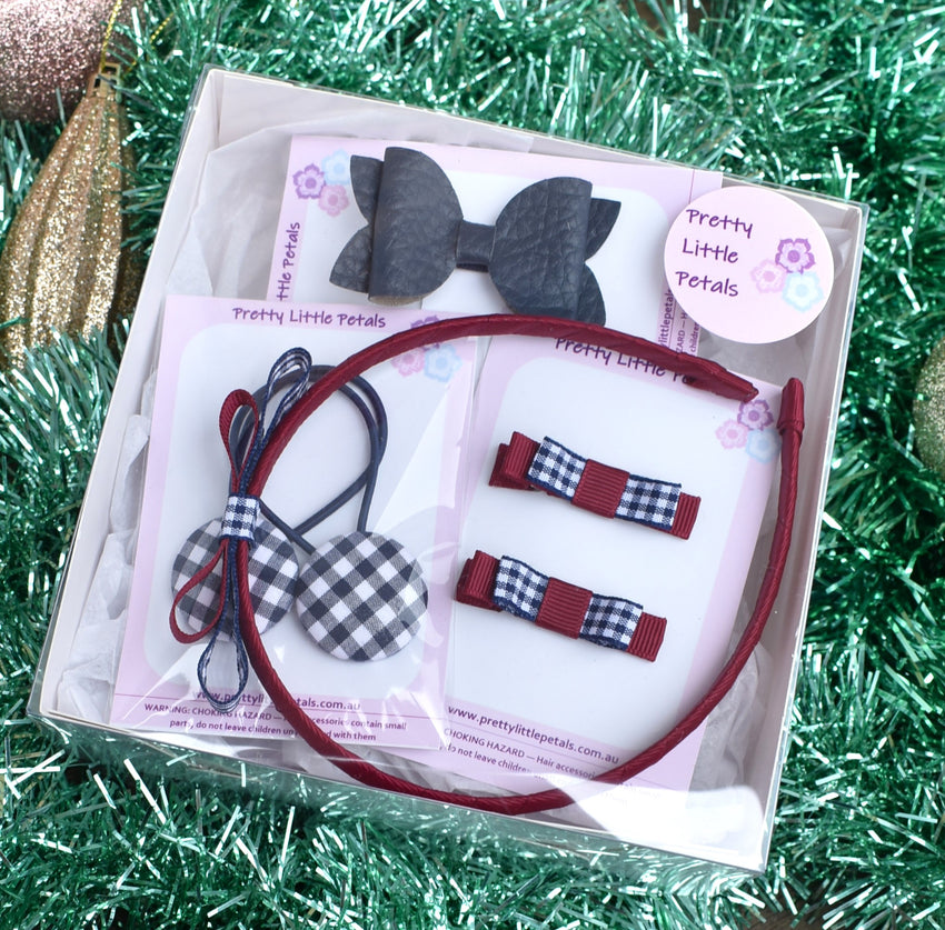 School Hair Accessories Gift Box - Maroon/Navy gingham