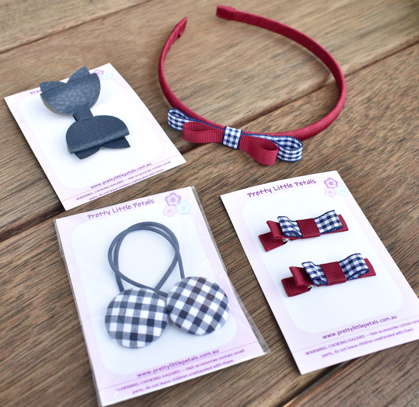 School Hair Accessories Gift Box - Maroon/Navy gingham