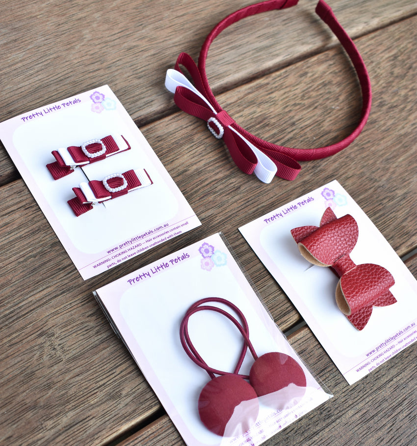 School Hair Accessories Gift Box - Maroon & White