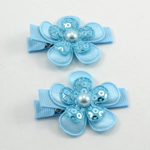 Piggytail Hair Clips - Light blue sequin flowers