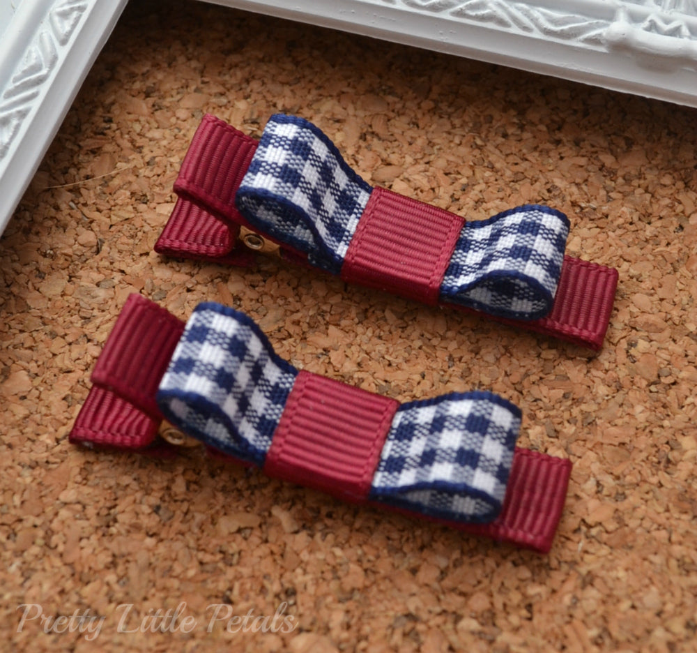 School Hair Clips - Navy Gingham & Burgundy